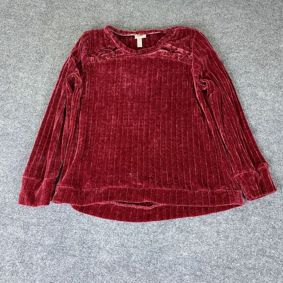 Knox Rose Burgundy Velvet Ribbed Shoulder Lace‎ Up Blouse Top Size Large Red - Picture 1 of 10
